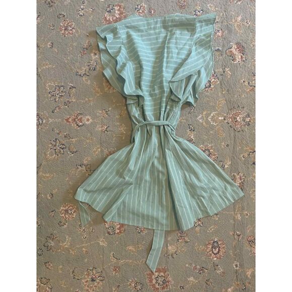 Storia 100% Cotton Green Striped Button Front Ruffle Sleeve Mini Dress, S - Picture 3 of 5